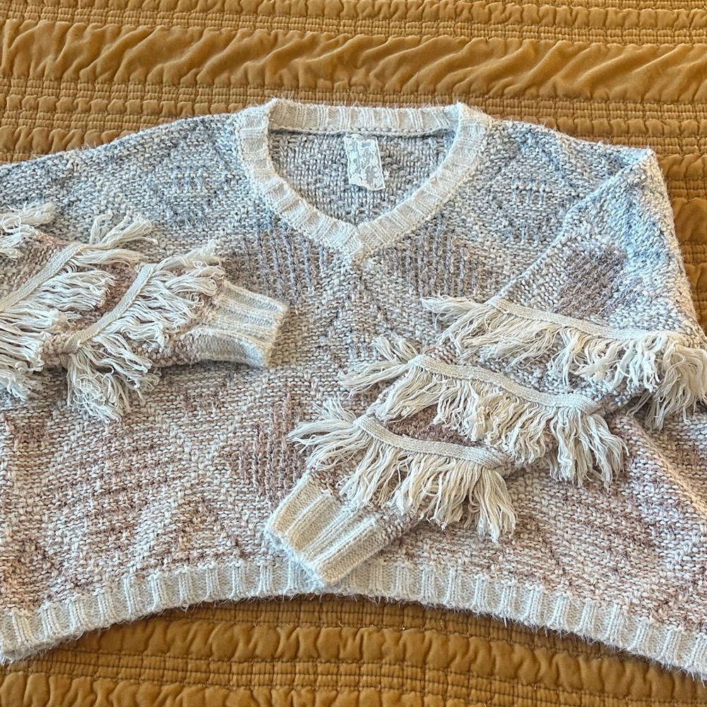 Sadie & Sage Textured V-Neck Sweater in Cream and Gray